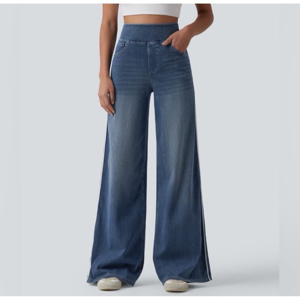 NWOT Halara Flex Womens High Waisted Stripe Wide‎ Leg Flowy Jeans L Pockets - Picture 2 of 13